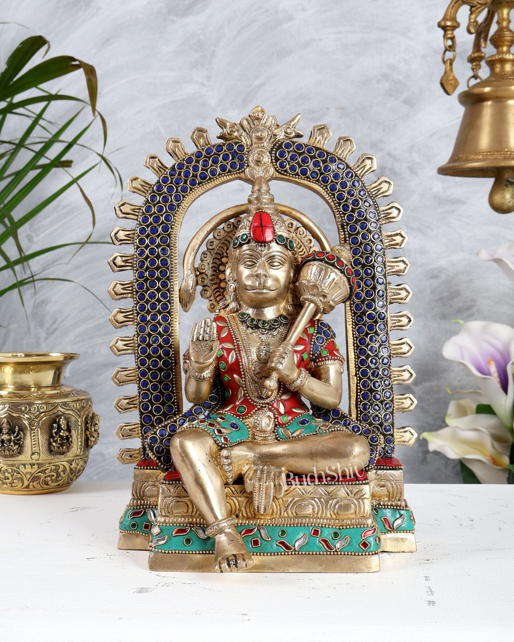 Pure Brass Superfine Lord Hanuman idol on throne with Prabhavali aura stonework - 11 inch - Budhshiv.com