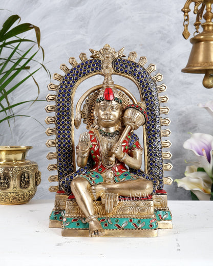 Pure Brass Superfine Lord Hanuman idol on throne with Prabhavali aura stonework - 11 inch - Budhshiv.com