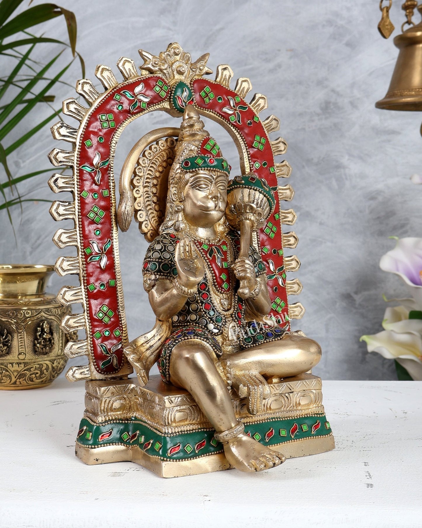 Pure Brass Superfine Lord Hanuman idol on throne with Prabhavali aura stonework - 11 inch - Budhshiv.com