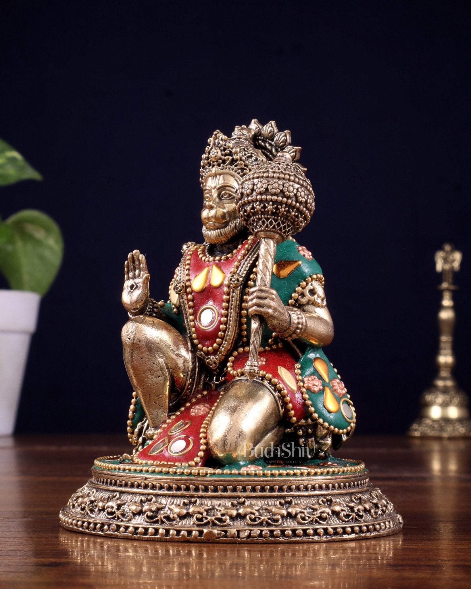 Pure Brass Superfine Lord Hanuman Idol with meenakari Stonework - 4.5 inch - Budhshiv.com