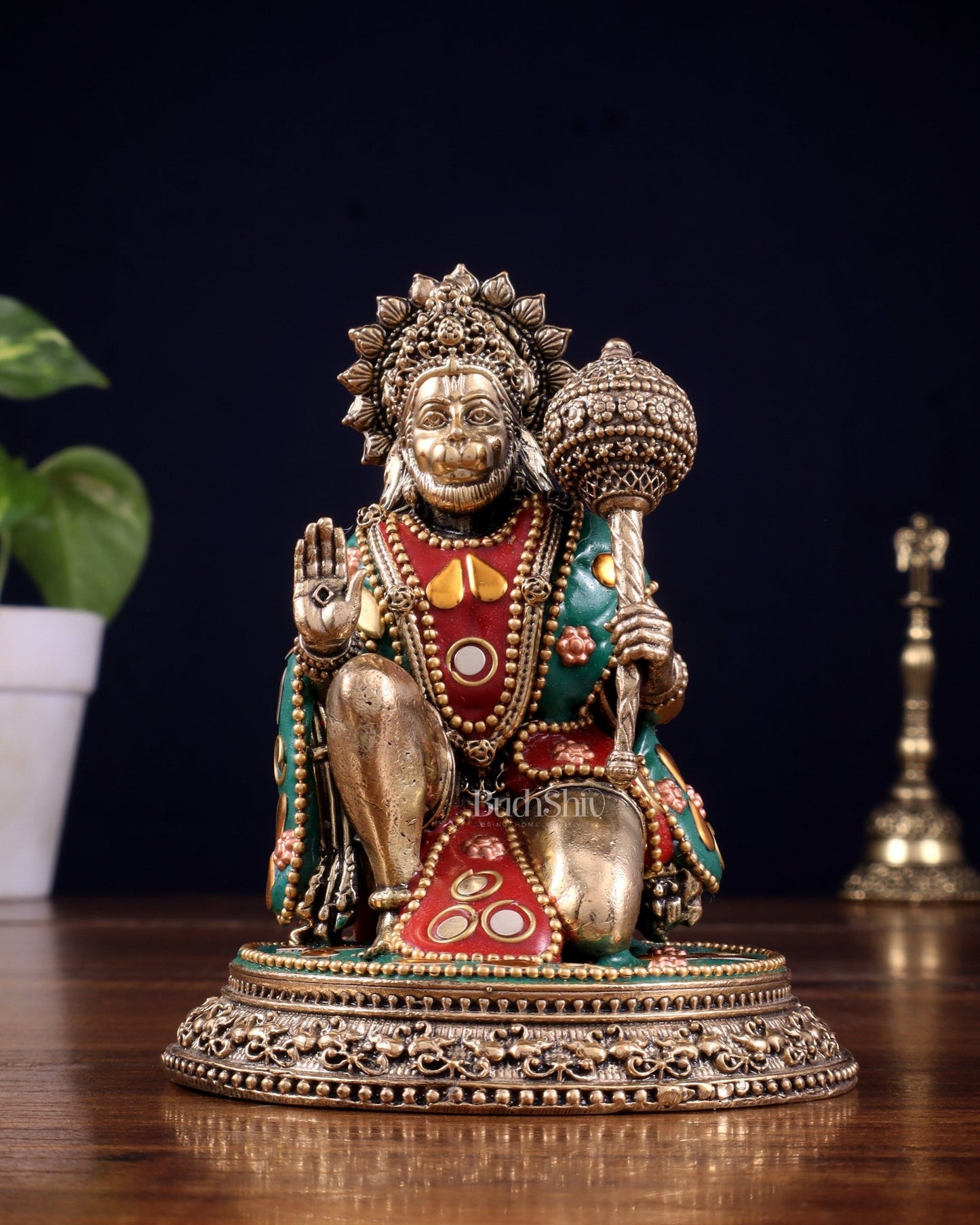 Pure Brass Superfine Lord Hanuman Idol with meenakari Stonework - 4.5 inch - Budhshiv.com