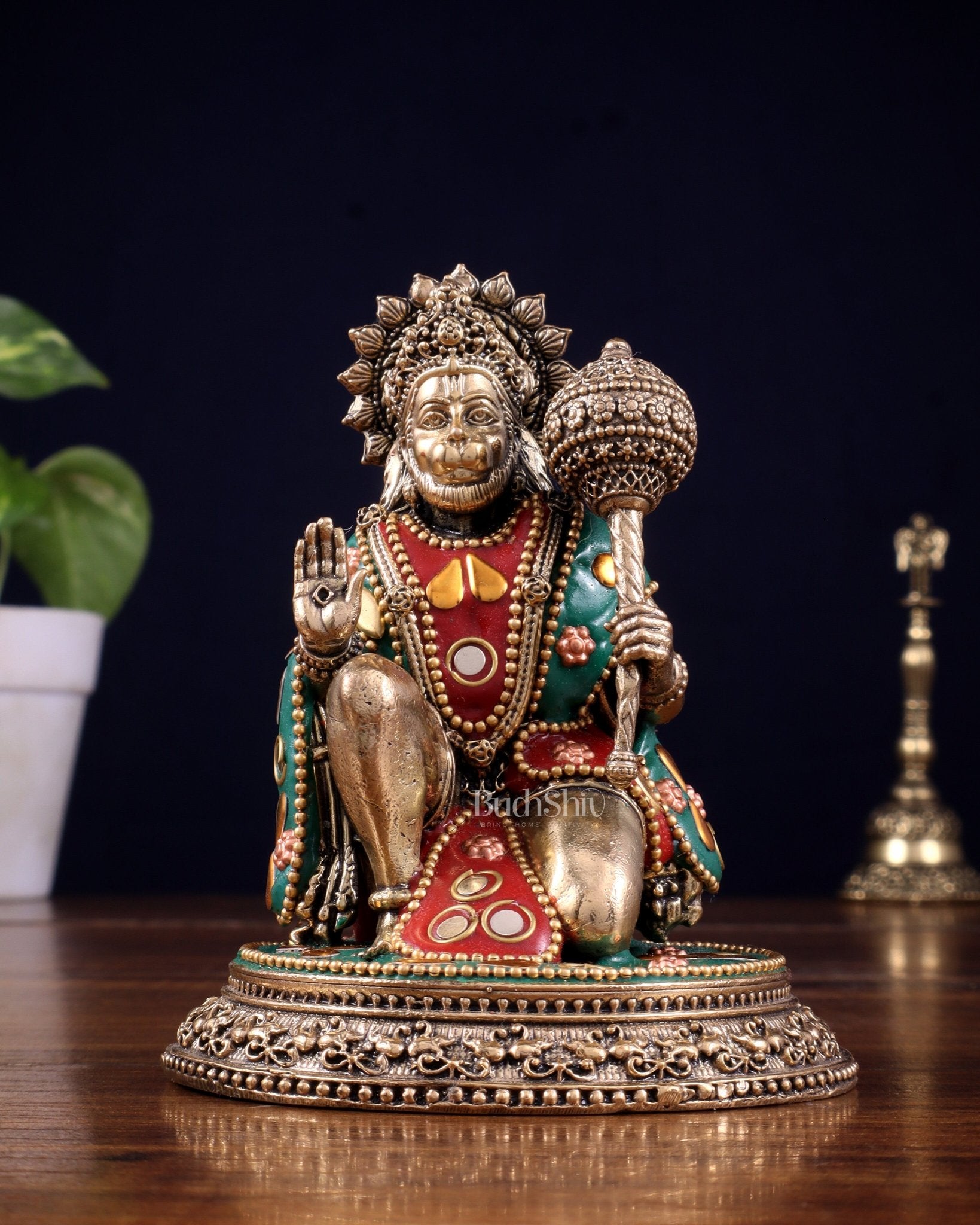 Pure Brass Superfine Lord Hanuman Idol with meenakari Stonework - 4.5 inch - Budhshiv.com
