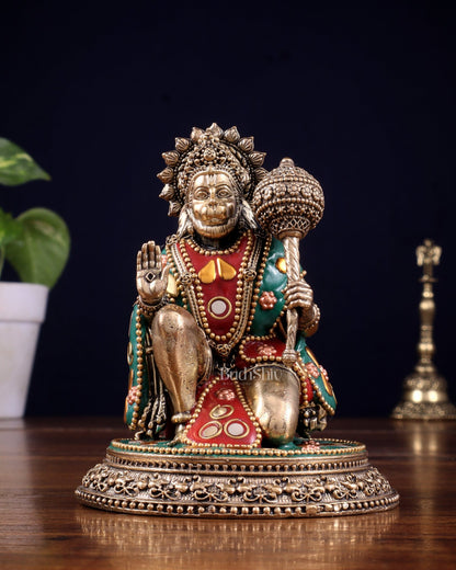 Pure Brass Superfine Lord Hanuman Idol with meenakari Stonework - 4.5 inch - Budhshiv.com