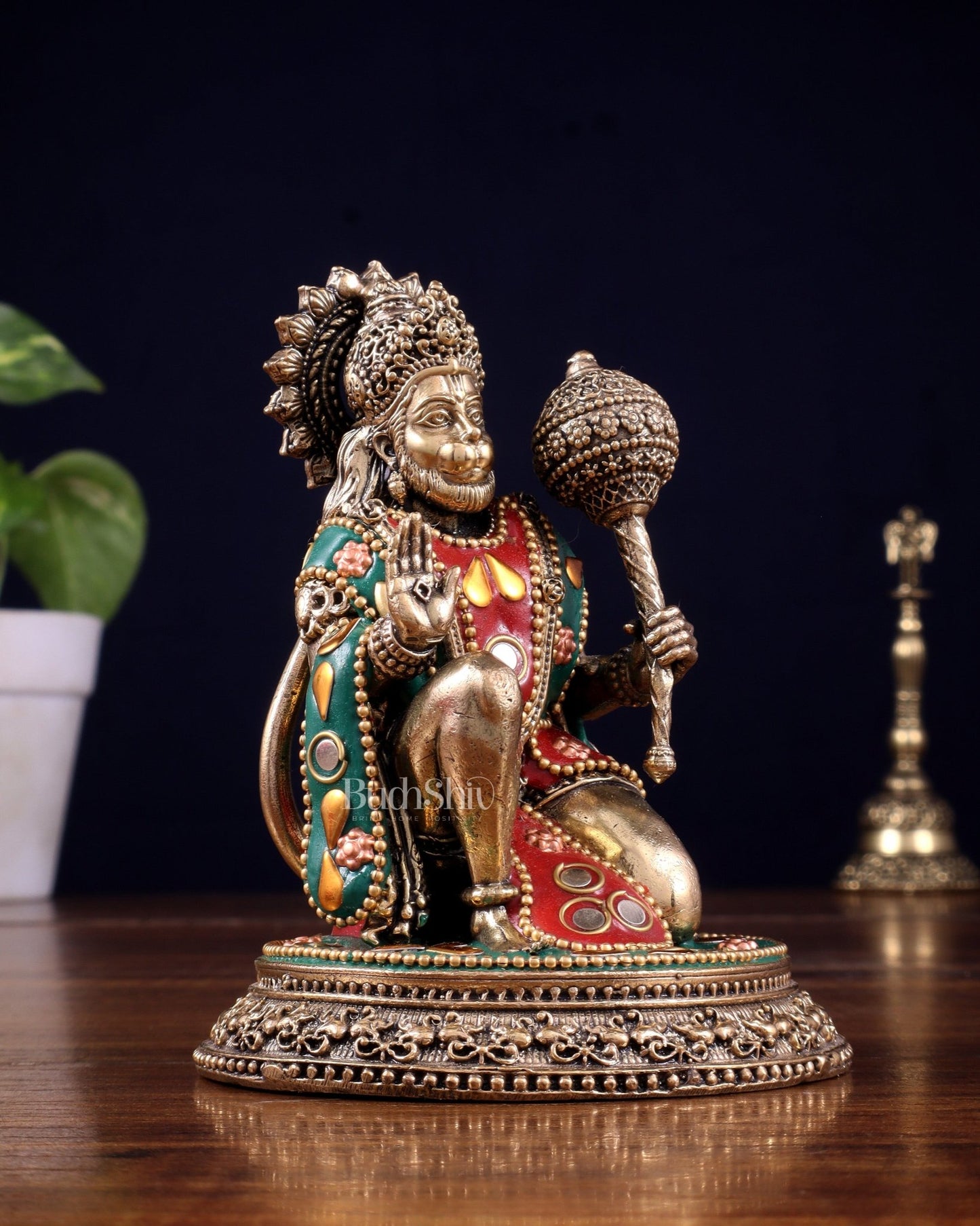 Pure Brass Superfine Lord Hanuman Idol with meenakari Stonework - 4.5 inch - Budhshiv.com