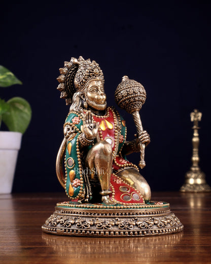 Pure Brass Superfine Lord Hanuman Idol with meenakari Stonework - 4.5 inch - Budhshiv.com