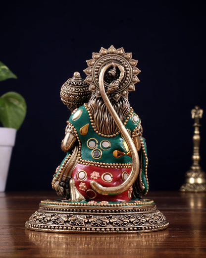 Pure Brass Superfine Lord Hanuman Idol with meenakari Stonework - 4.5 inch - Budhshiv.com