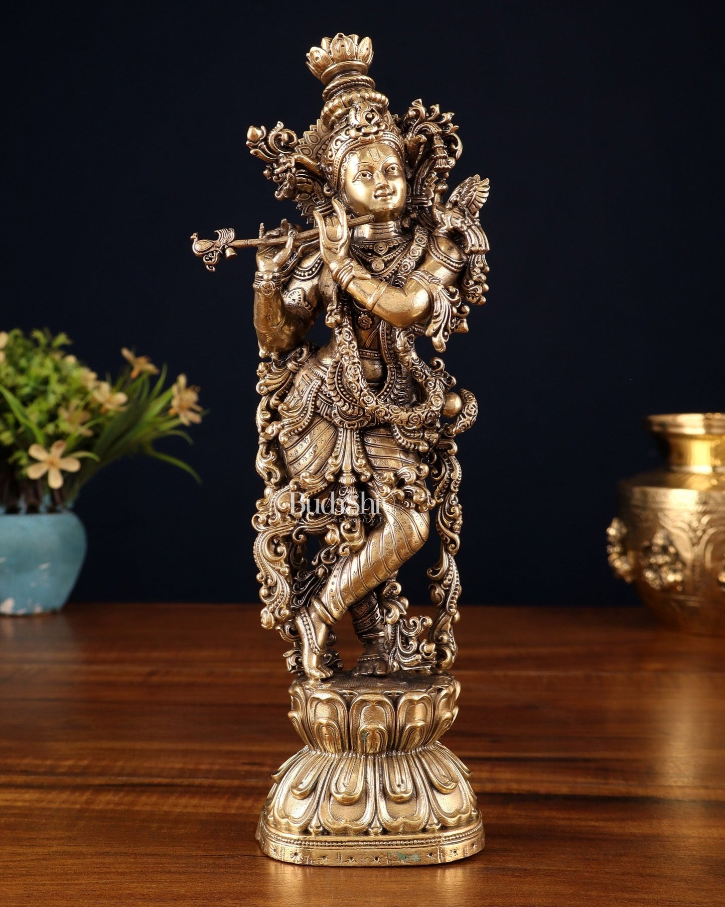 Pure Brass Superfine Lord Krishna Intricate Idol 12" - Budhshiv.com