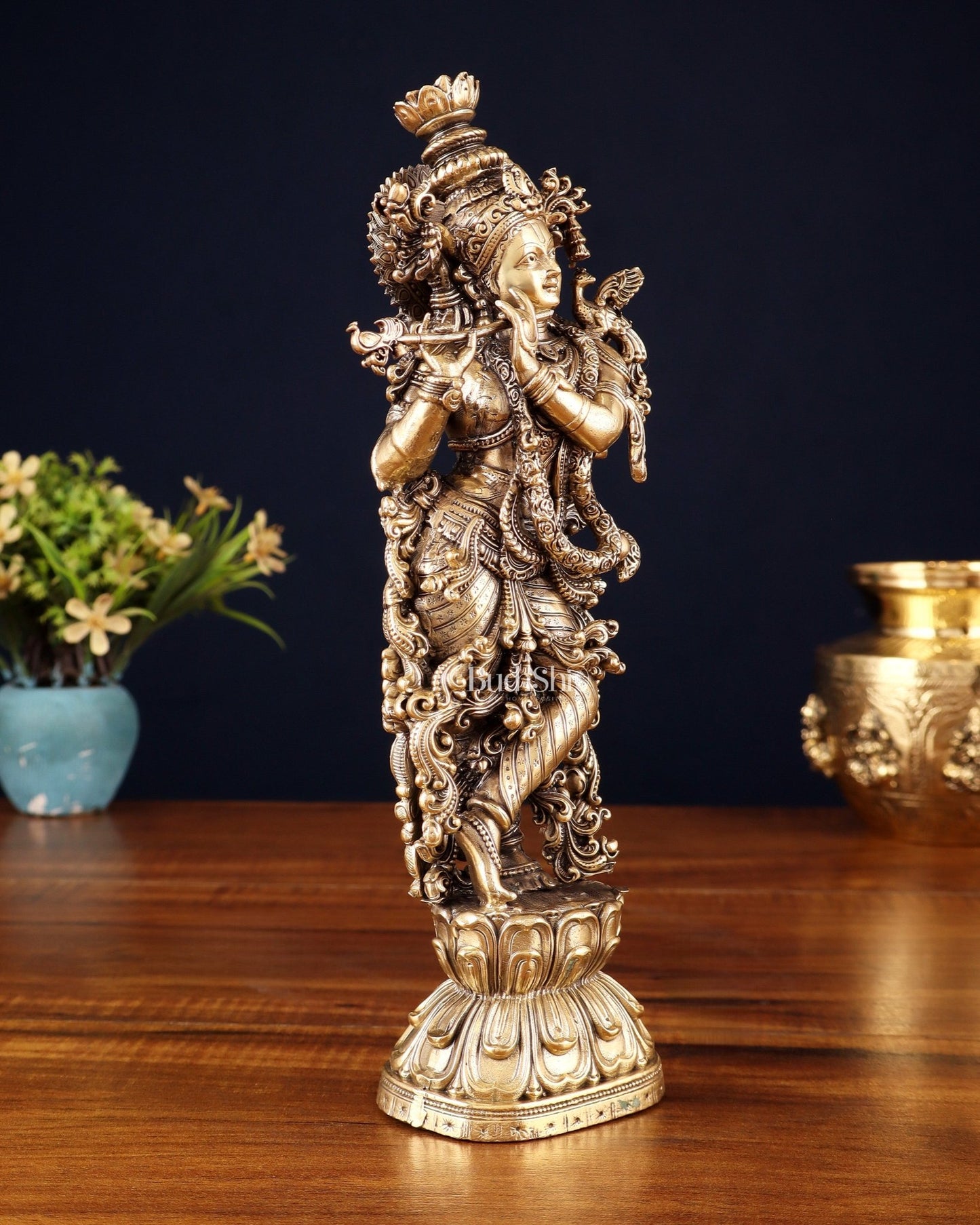 Pure Brass Superfine Lord Krishna Intricate Idol 12" - Budhshiv.com