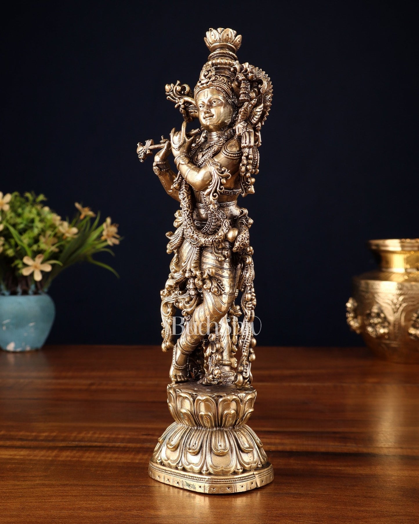 Pure Brass Superfine Lord Krishna Intricate Idol 12" - Budhshiv.com