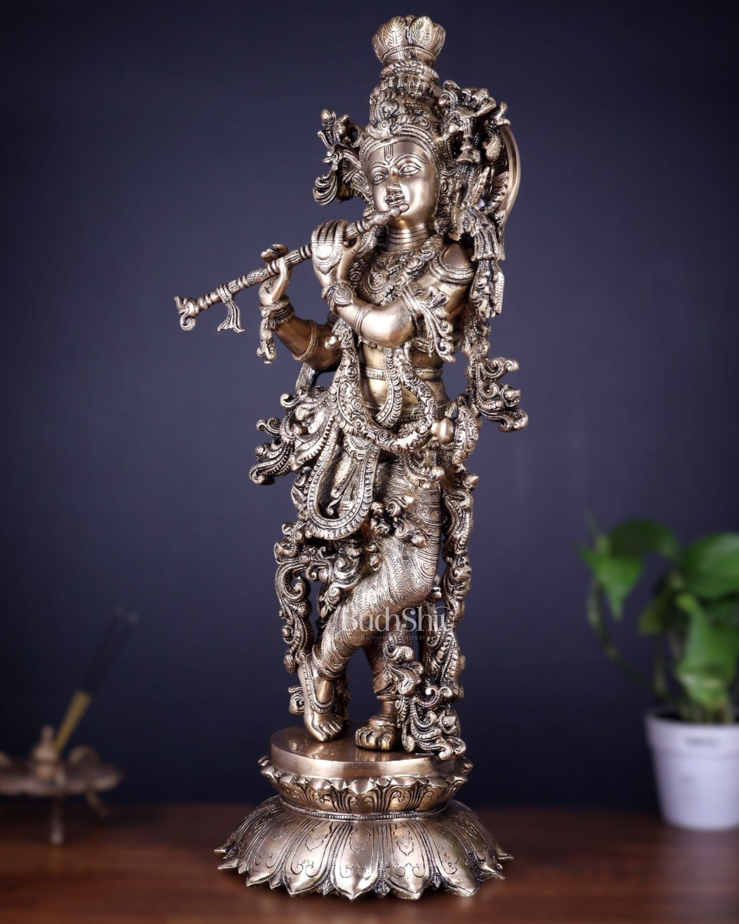 Pure Brass Superfine Lord Krishna Statue , 27" matte finish - Budhshiv.com