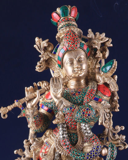 Pure Brass Superfine Lord Krishna Statue with Stonework, 27" Height - Budhshiv.com