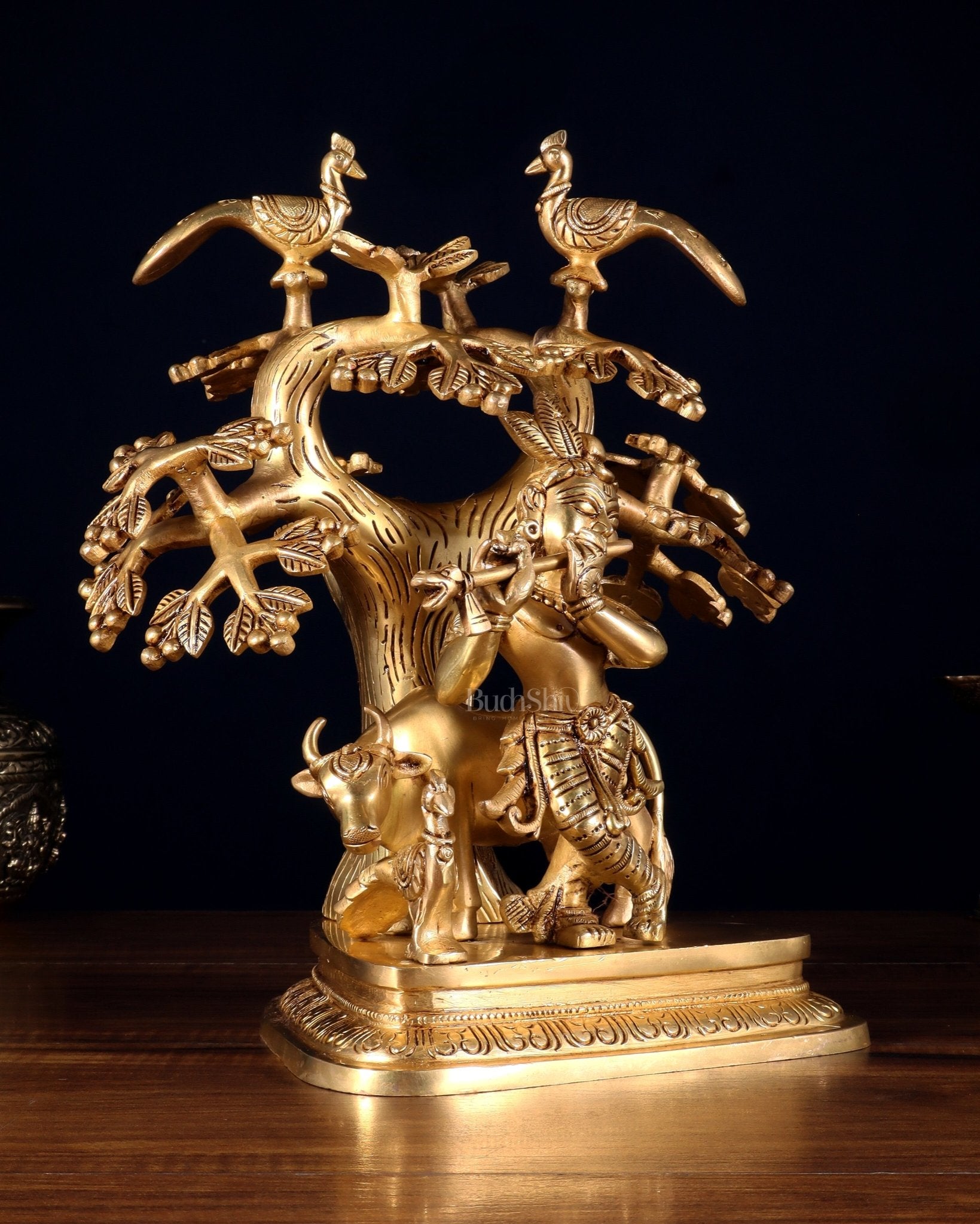 Pure Brass Superfine Lord Krishna with Cow, Peacock & Kadamba Tree – 11.5 Inch - Budhshiv.com