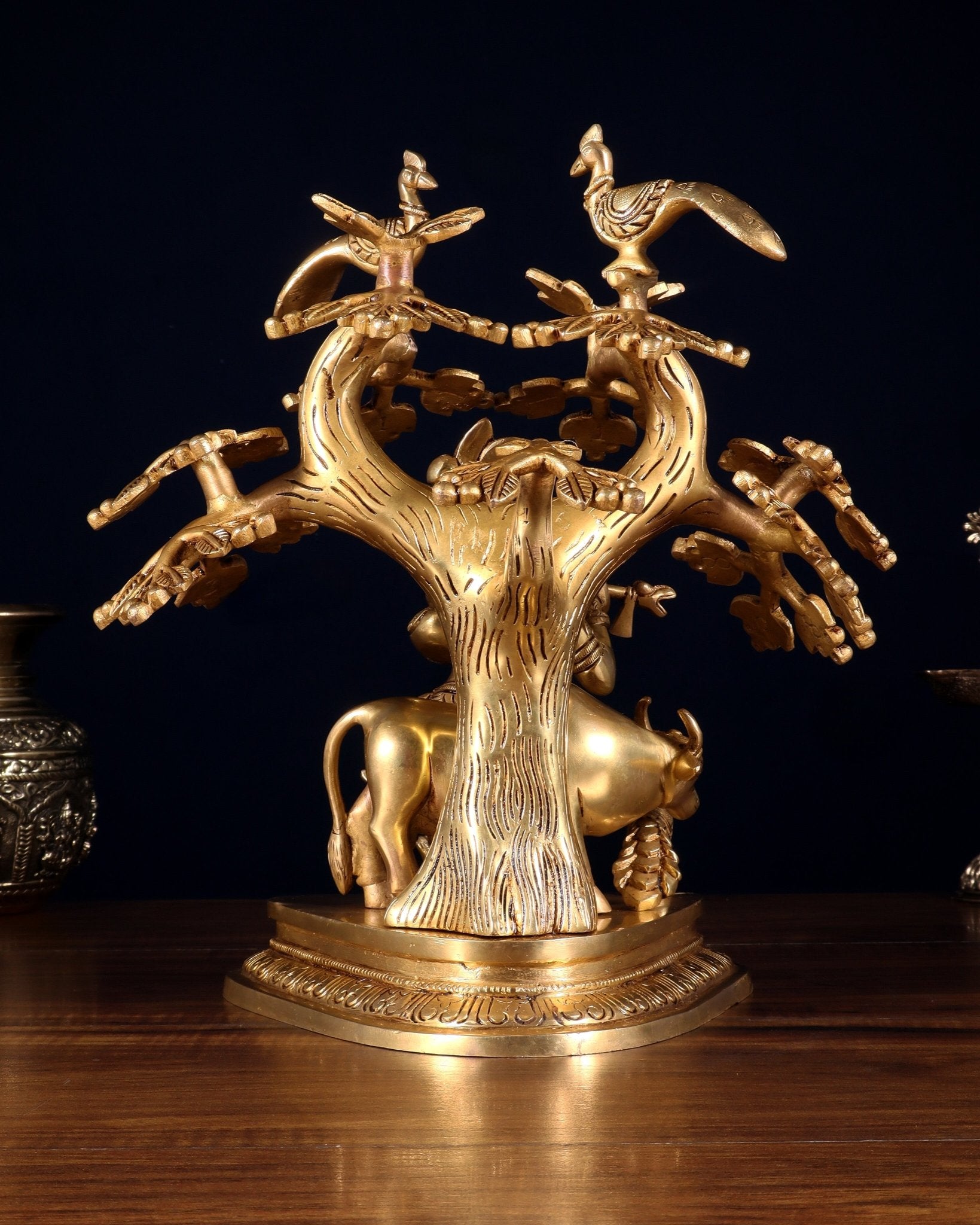 Pure Brass Superfine Lord Krishna with Cow, Peacock & Kadamba Tree – 11.5 Inch - Budhshiv.com