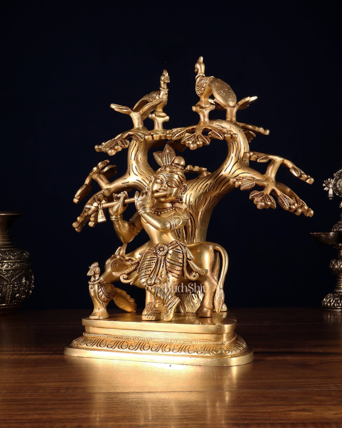 Pure Brass Superfine Lord Krishna with Cow, Peacock & Kadamba Tree – 11.5 Inch - Budhshiv.com