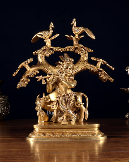 Pure Brass Superfine Lord Krishna with Cow, Peacock & Kadamba Tree – 11.5 Inch - Budhshiv.com
