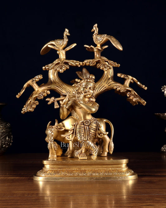 Pure Brass Superfine Lord Krishna with Cow, Peacock & Kadamba Tree – 11.5 Inch - Budhshiv.com