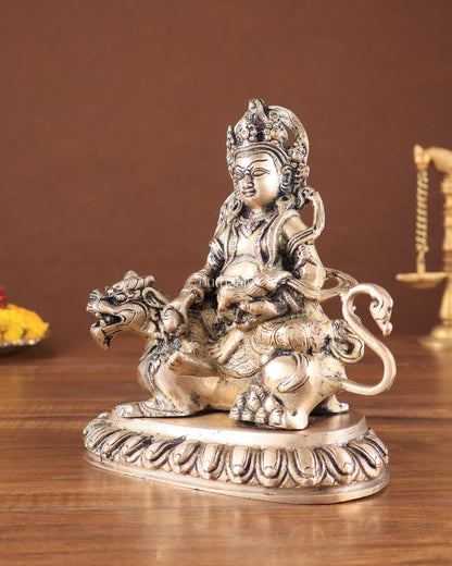 Pure Brass Superfine Lord Kubera Seated on a Lion Statue 7" - Budhshiv.com