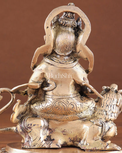 Pure Brass Superfine Lord Kubera Seated on a Lion Statue 7" - Budhshiv.com
