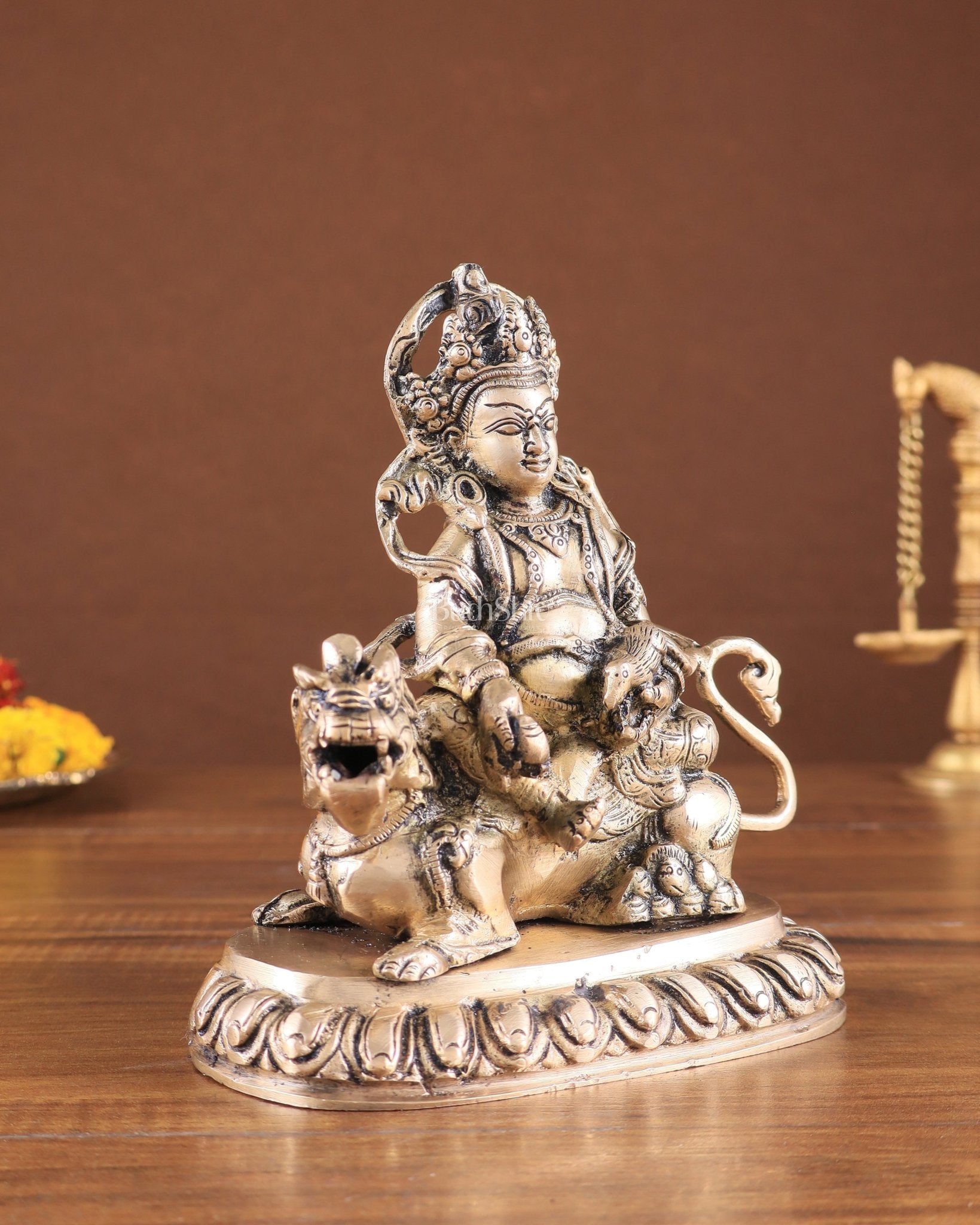 Pure Brass Superfine Lord Kubera Seated on a Lion Statue 7" - Budhshiv.com