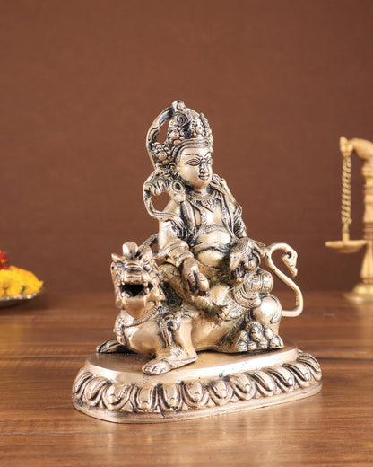Pure Brass Superfine Lord Kubera Seated on a Lion Statue 7" - Budhshiv.com