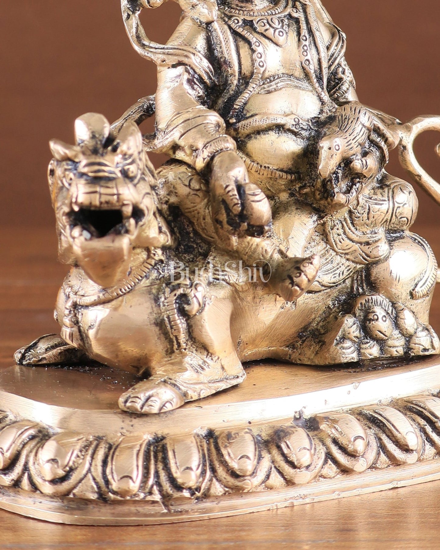 Pure Brass Superfine Lord Kubera Seated on a Lion Statue 7" - Budhshiv.com