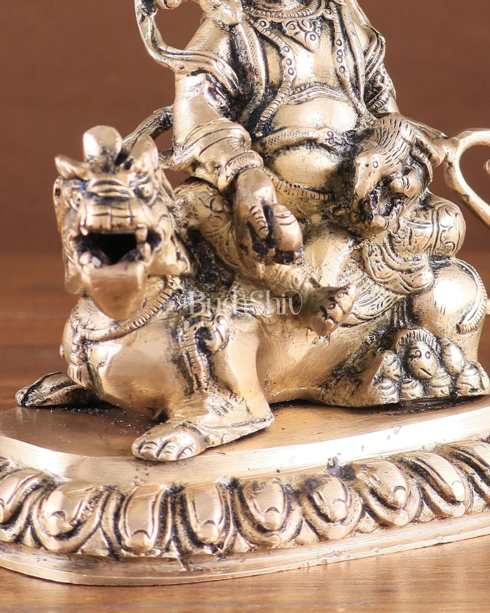 Pure Brass Superfine Lord Kubera Seated on a Lion Statue 7" - Budhshiv.com
