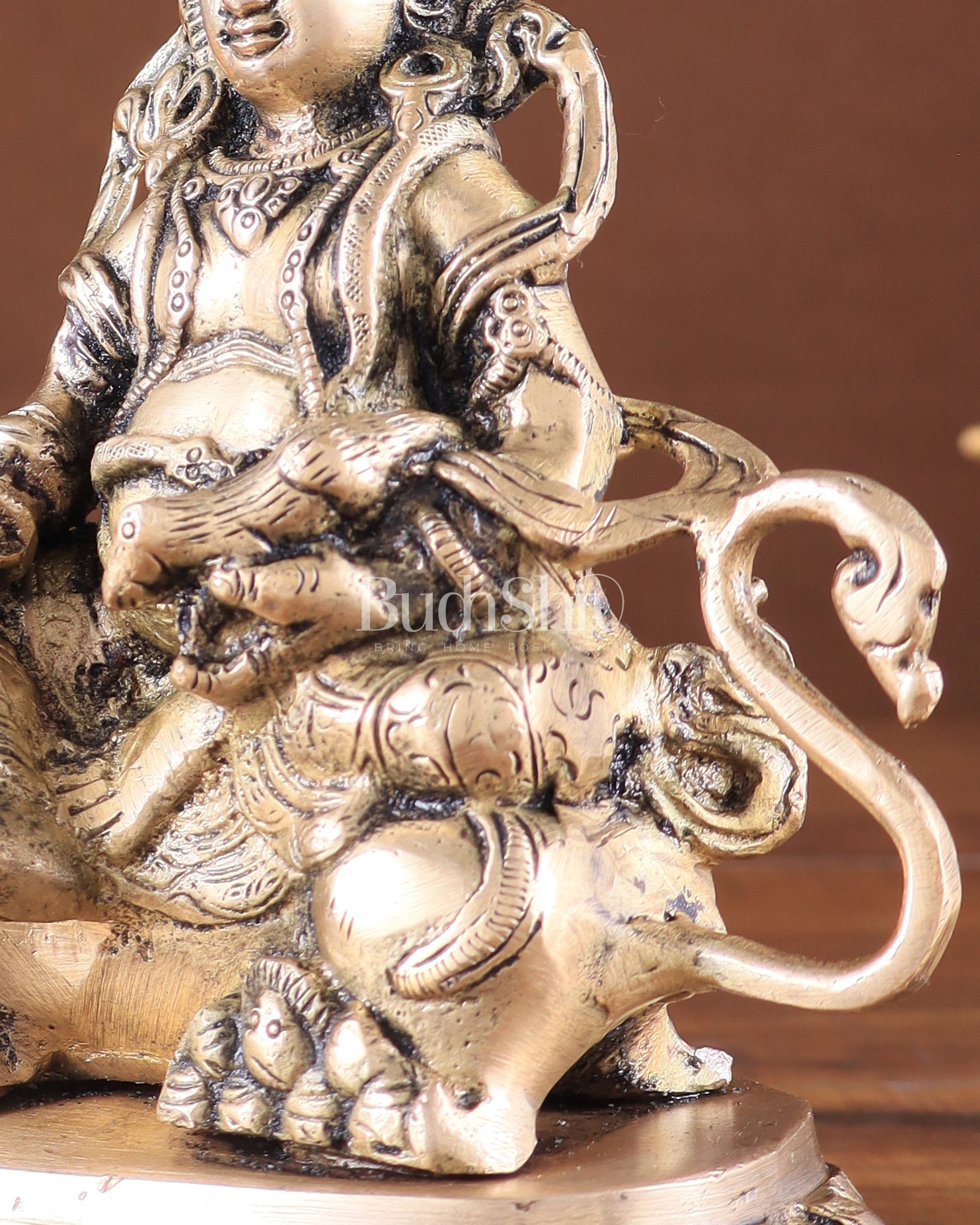 Pure Brass Superfine Lord Kubera Seated on a Lion Statue 7" - Budhshiv.com