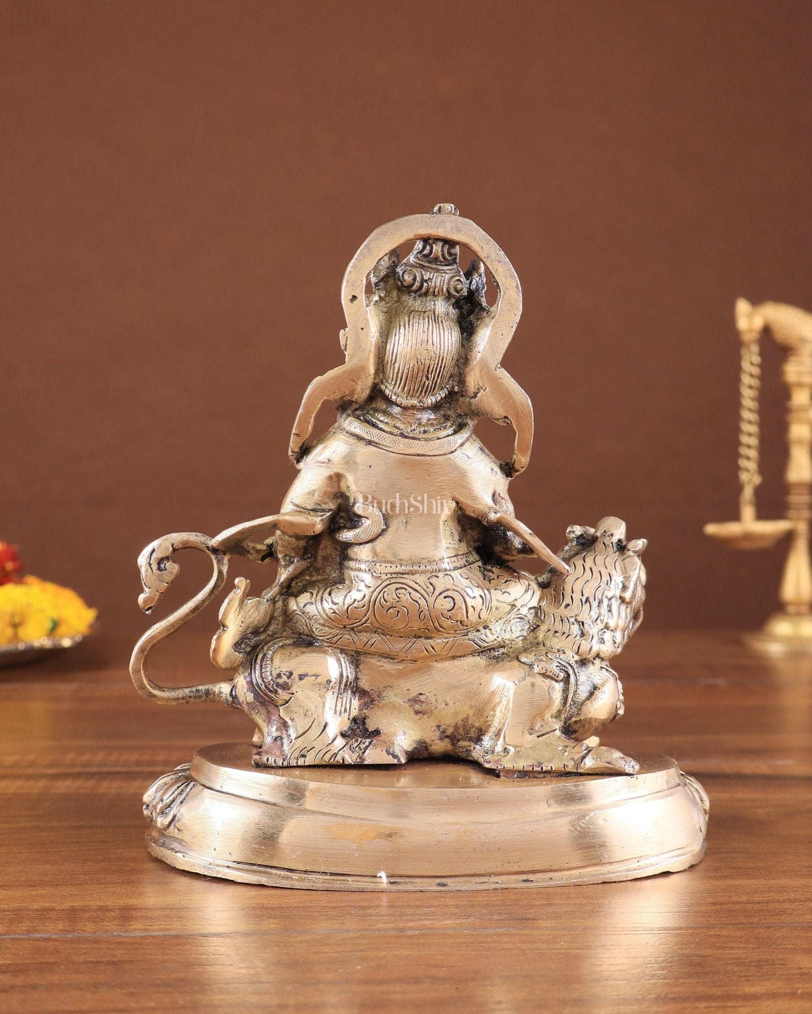Pure Brass Superfine Lord Kubera Seated on a Lion Statue 7" - Budhshiv.com
