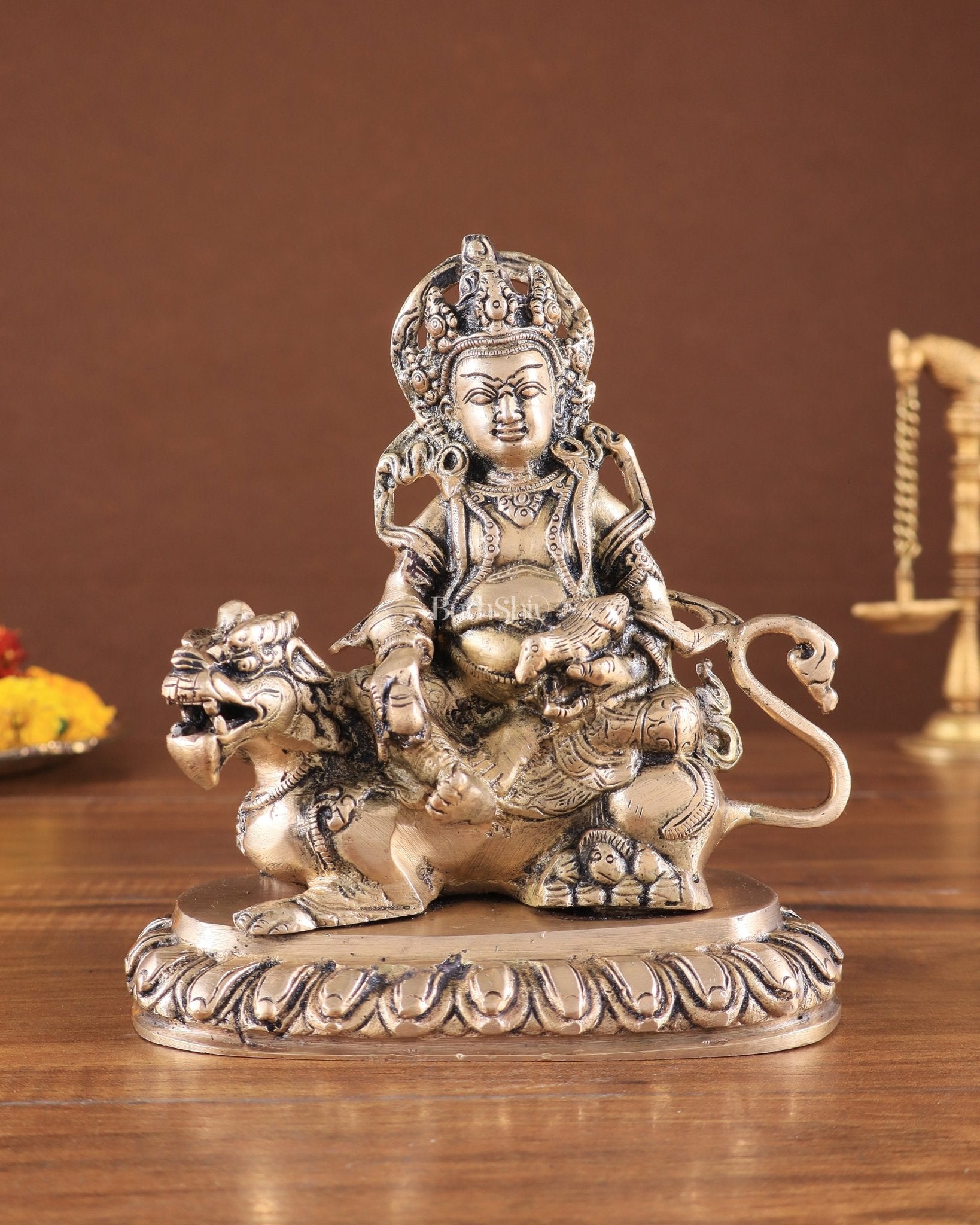 Pure Brass Superfine Lord Kubera Seated on a Lion Statue 7" - Budhshiv.com