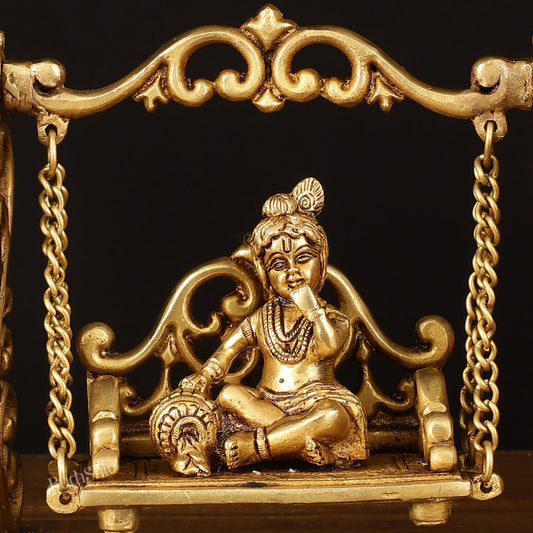 Pure Brass superfine Makhan Chor Bal Krishna on Swing Idol - 7" Height - Budhshiv.com