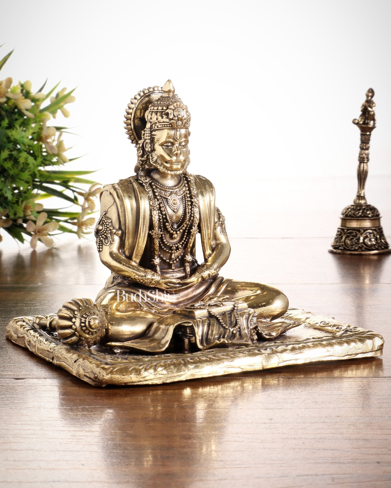 Pure Brass Superfine Meditation Hanuman Idol - Intricately Carved - 4" Tall - Budhshiv.com