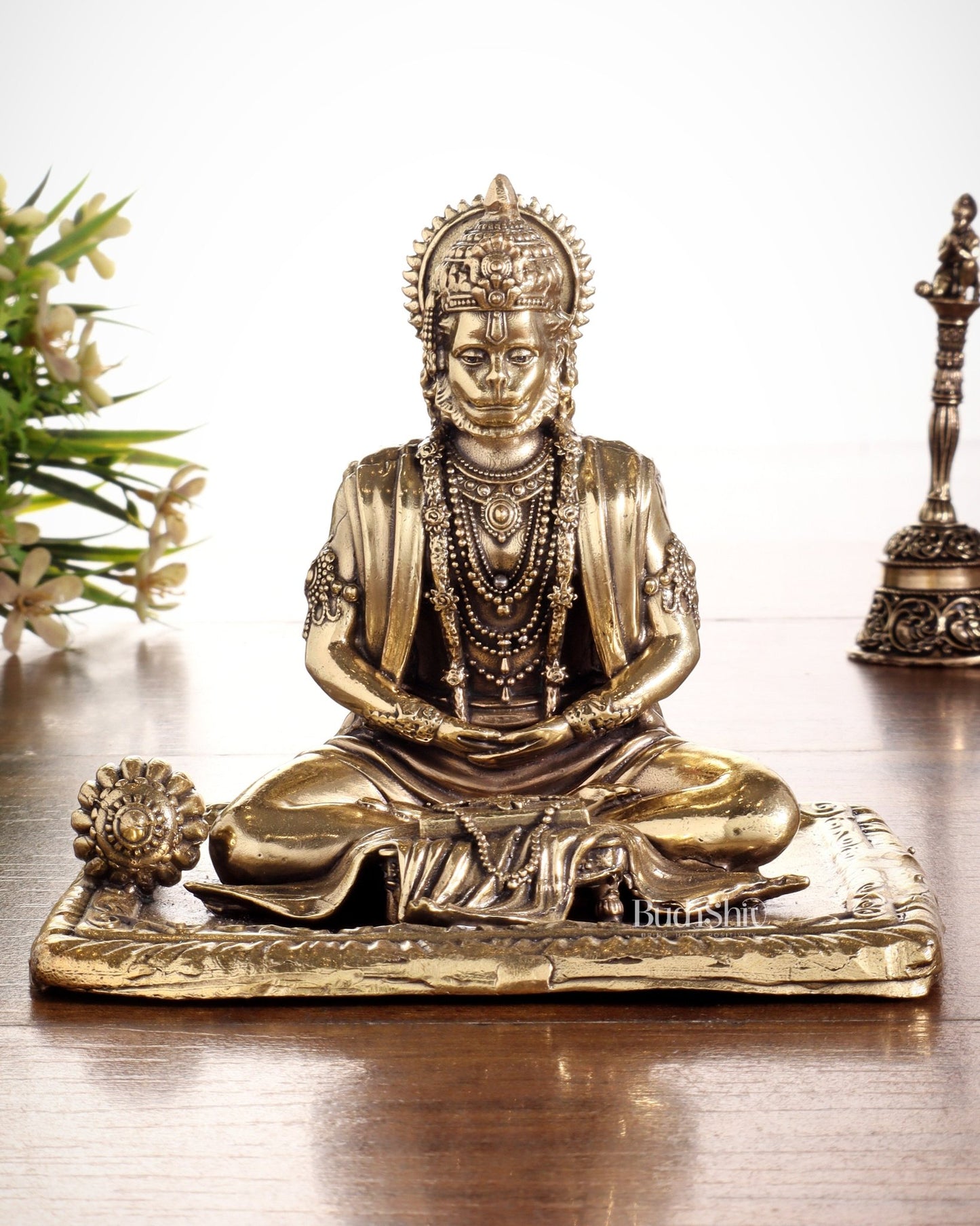 Pure Brass Superfine Meditation Hanuman Idol - Intricately Carved - 4" Tall - Budhshiv.com