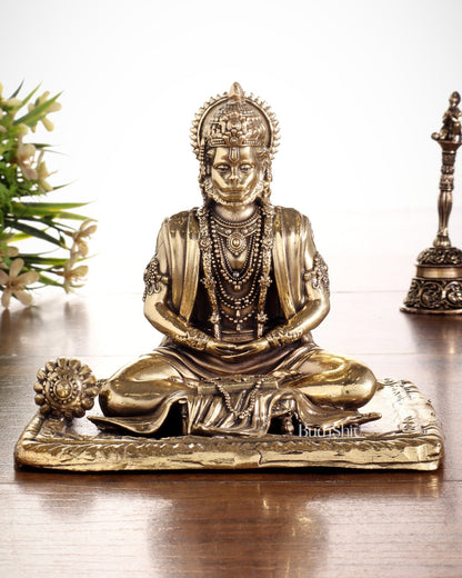 Pure Brass Superfine Meditation Hanuman Idol - Intricately Carved - 4" Tall - Budhshiv.com