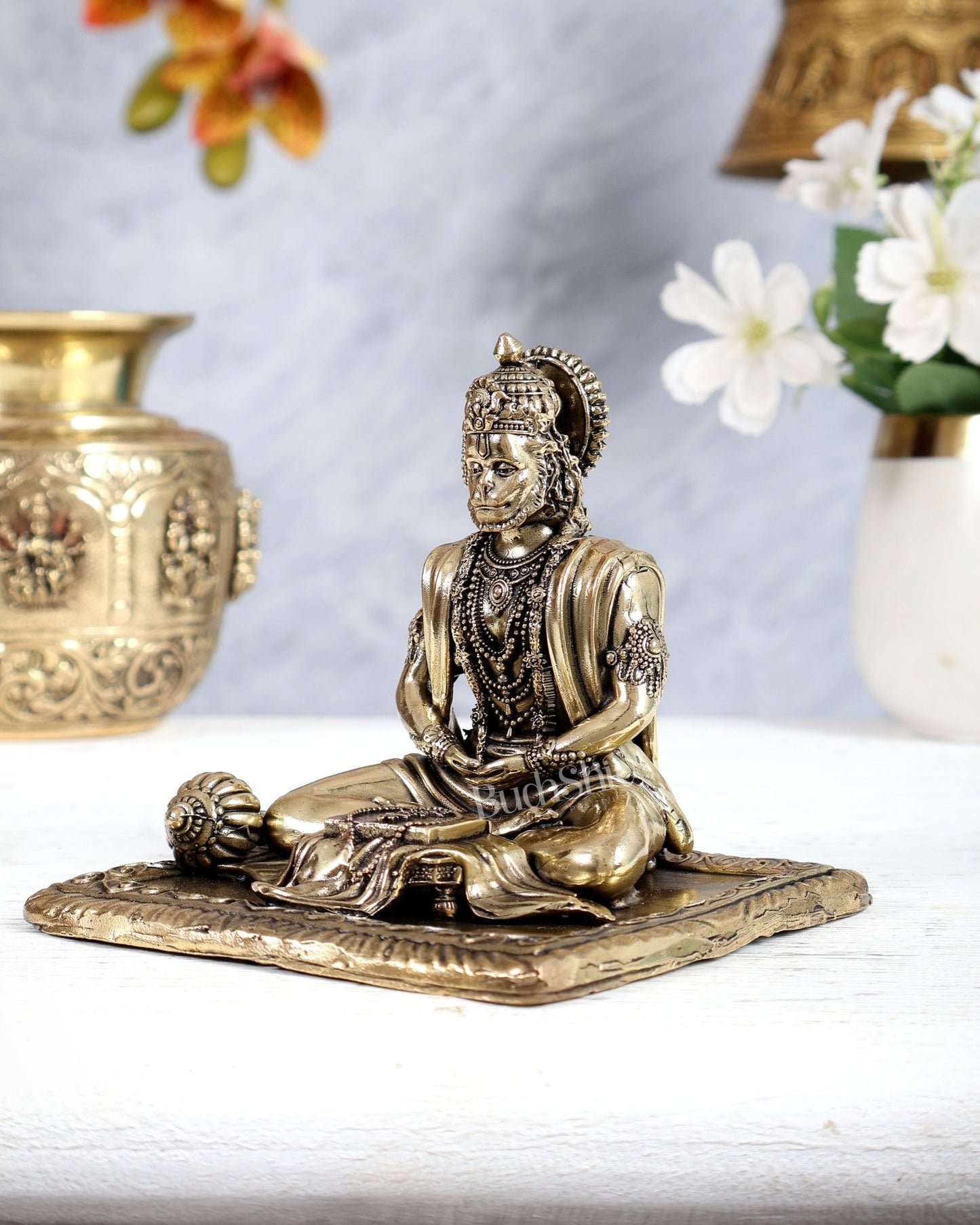 Pure Brass Superfine Meditation Hanuman Idol - Intricately Carved - 4" Tall - Budhshiv.com