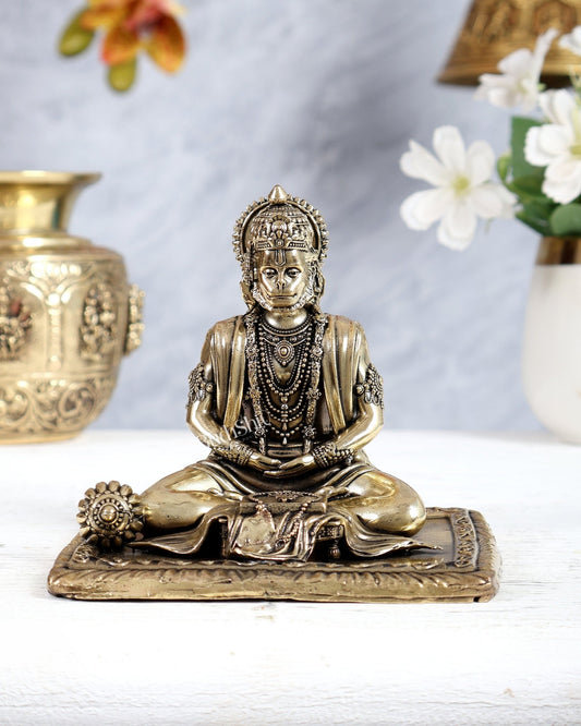 Pure Brass Superfine Meditation Hanuman Idol - Intricately Carved - 4" Tall - Budhshiv.com