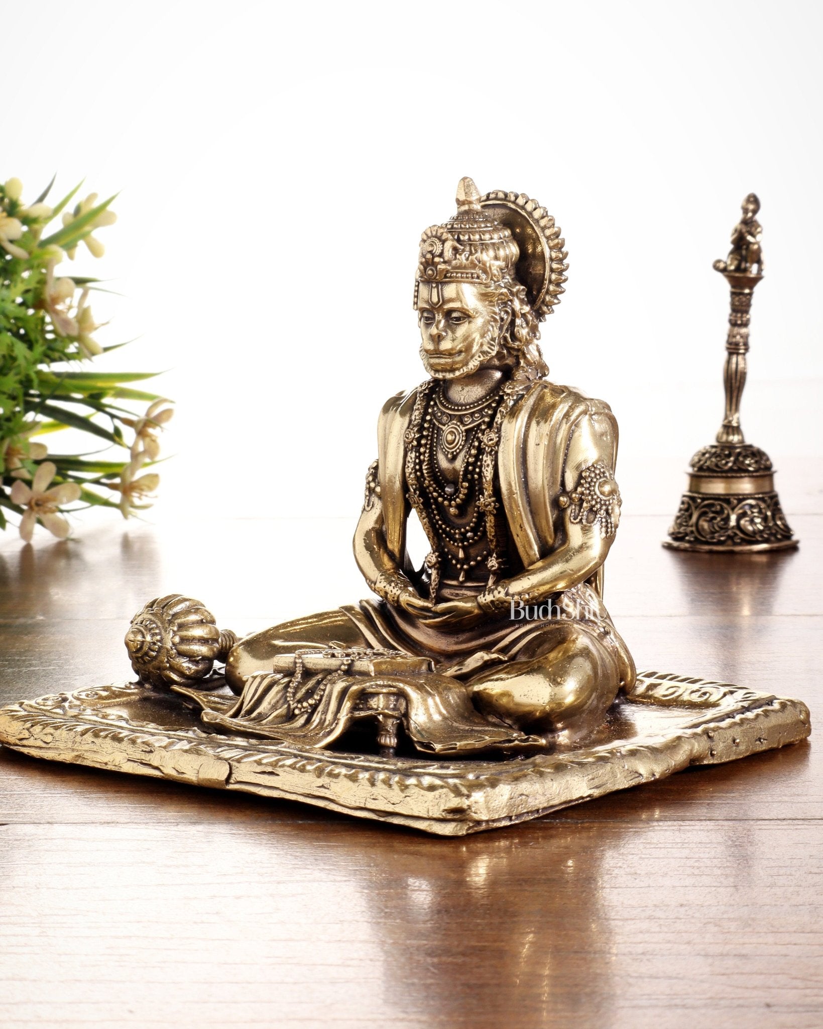 Pure Brass Superfine Meditation Hanuman Idol - Intricately Carved - 4" Tall - Budhshiv.com
