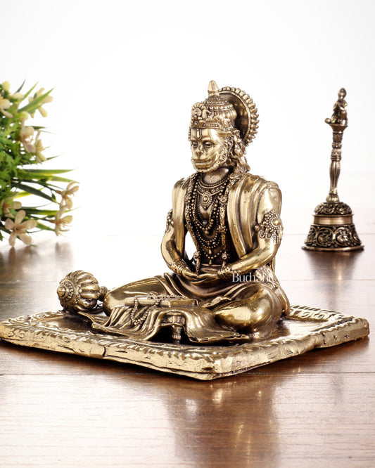 Pure Brass Superfine Meditation Hanuman Idol - Intricately Carved - 4" Tall - Budhshiv.com