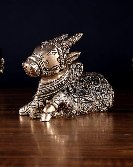 Pure Brass Superfine Nandi Idol – Fully Engraved Sacred Bull of Shiva 7" - Budhshiv.com