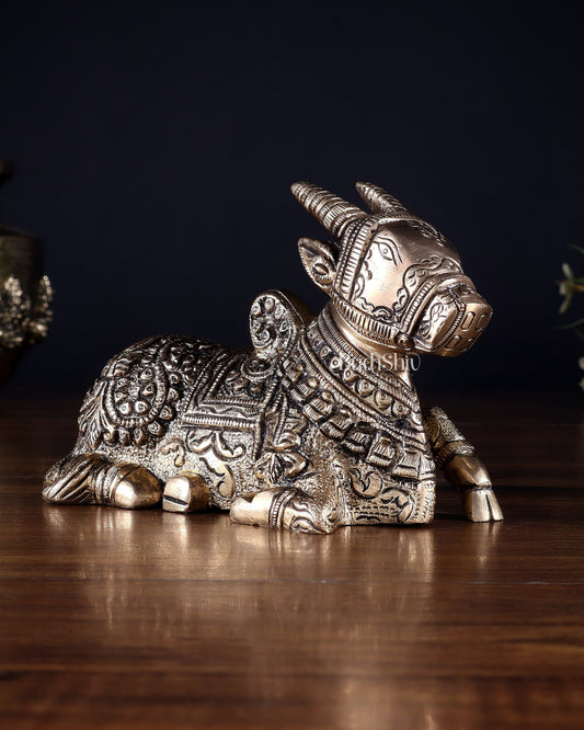 Pure Brass Superfine Nandi Idol – Fully Engraved Sacred Bull of Shiva 7" - Budhshiv.com