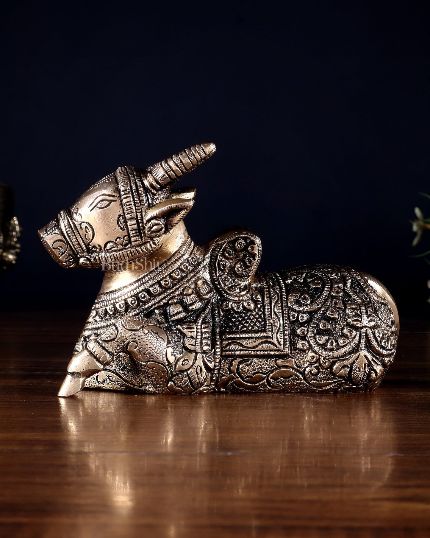 Pure Brass Superfine Nandi Idol – Fully Engraved Sacred Bull of Shiva 7" - Budhshiv.com