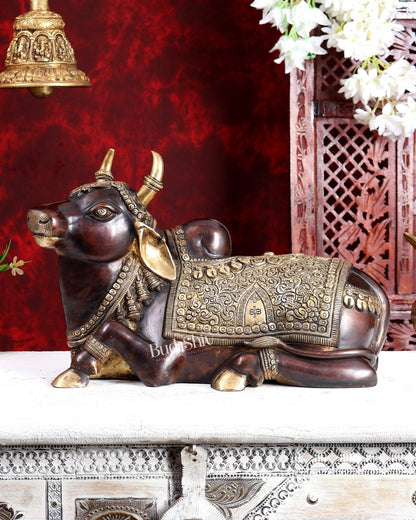 Pure Brass Superfine Nandi with Shiv Ling Carving | 14" brown gold tone - Budhshiv.com