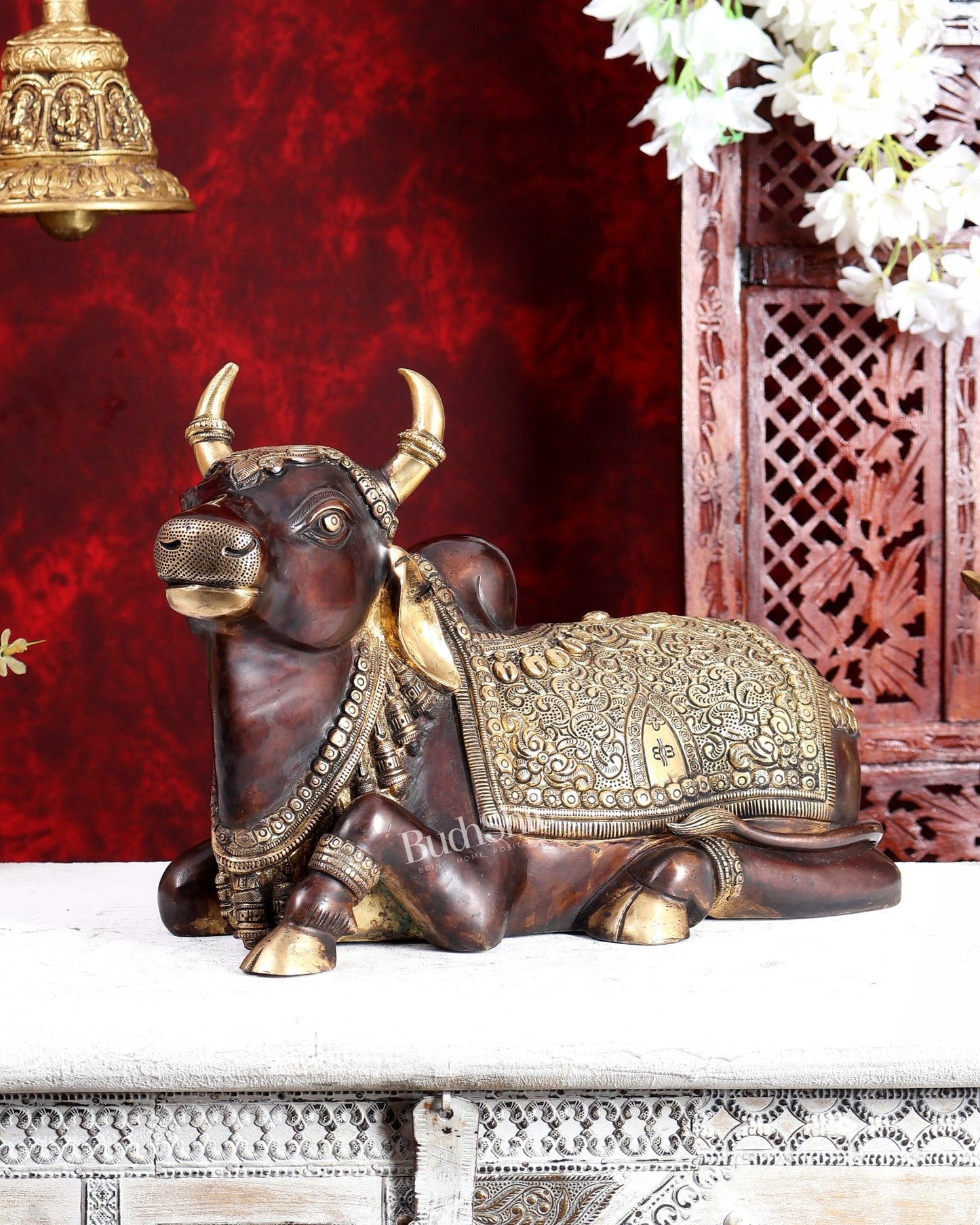 Pure Brass Superfine Nandi with Shiv Ling Carving | 14" brown gold tone - Budhshiv.com