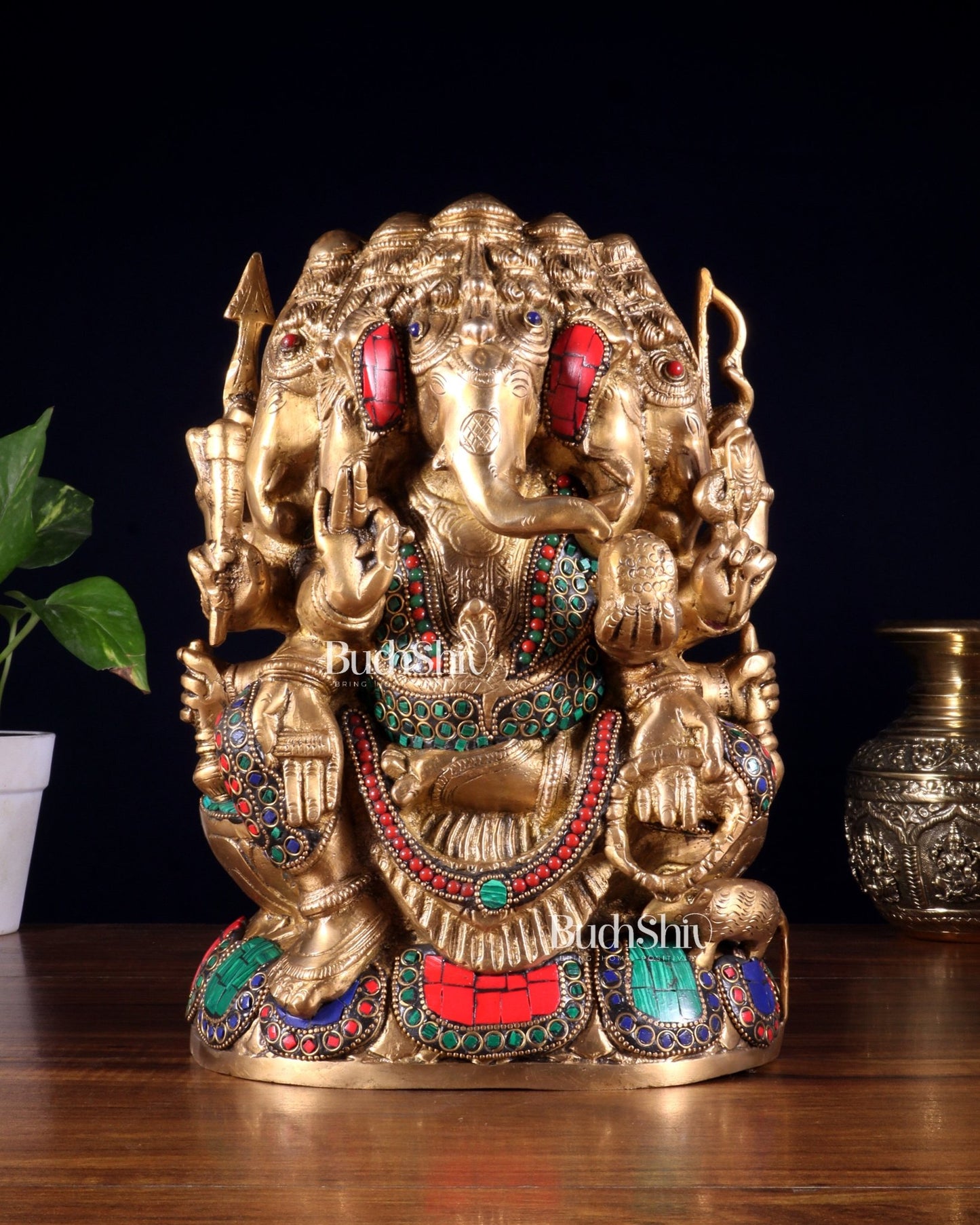Pure Brass Superfine Panchmukhi Ganesha Statue - 11 inch Five faced ganesha statue - Budhshiv.com