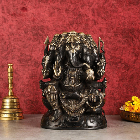 Pure Brass Superfine Panchmukhi Ganesha Statue 11" - Budhshiv.com