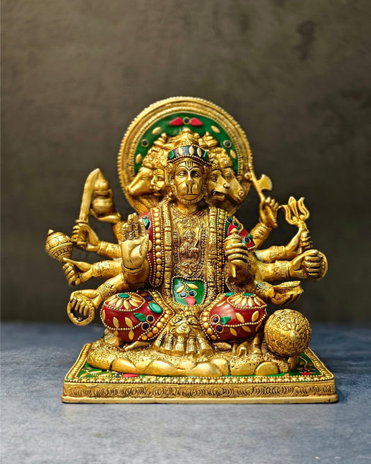 Pure Brass Superfine Panchmukhi Hanuman Blessing Statue - 10 inch multicolour - Budhshiv.com