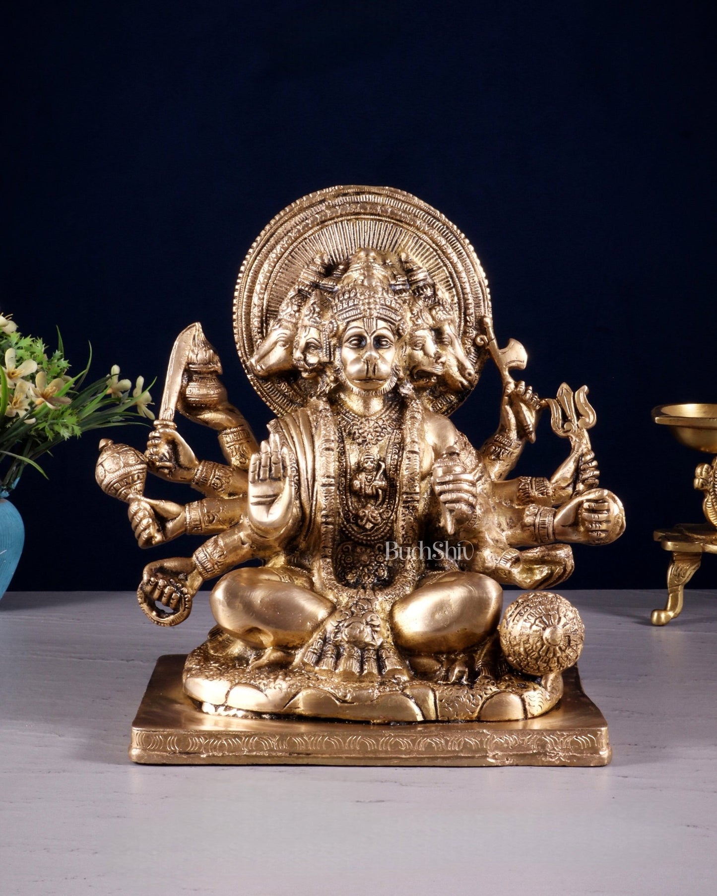 Pure Brass Superfine Panchmukhi Hanuman Statue - 10 inch matte - Budhshiv.com