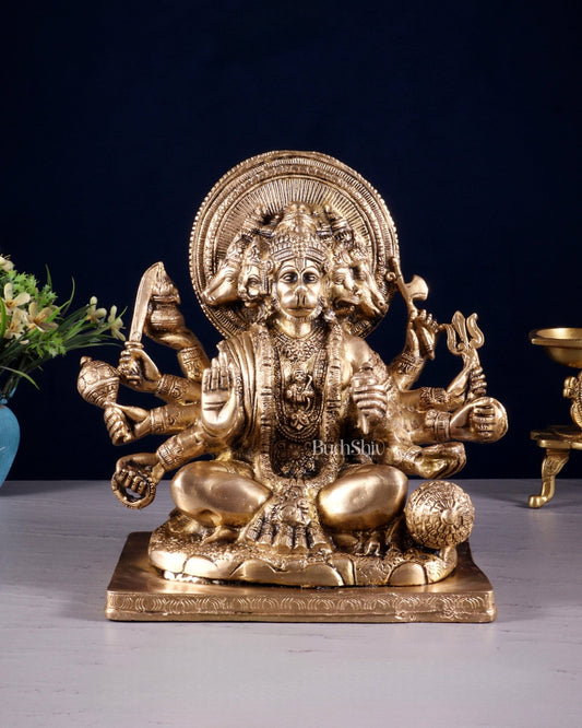 Pure Brass Superfine Panchmukhi Hanuman Statue - 10 inch matte - Budhshiv.com