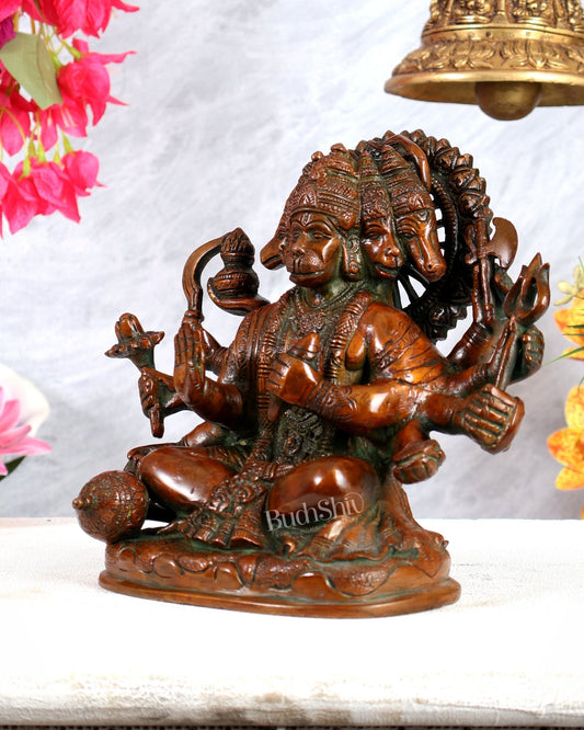Pure Brass Superfine Panchmukhi Hanuman Statue - 8" Vintage Red - Budhshiv.com