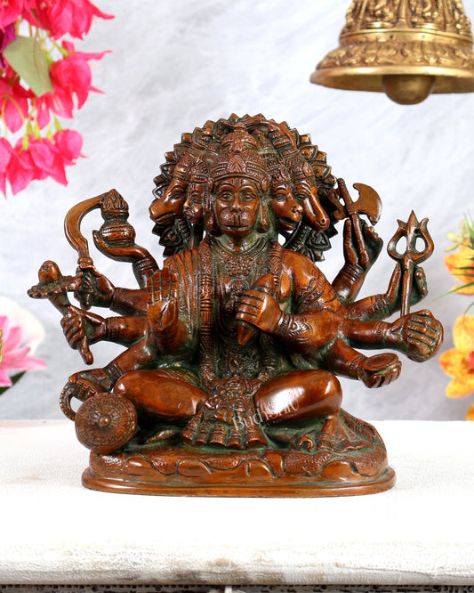 Pure Brass Superfine Panchmukhi Hanuman Statue - 8" Vintage Red - Budhshiv.com