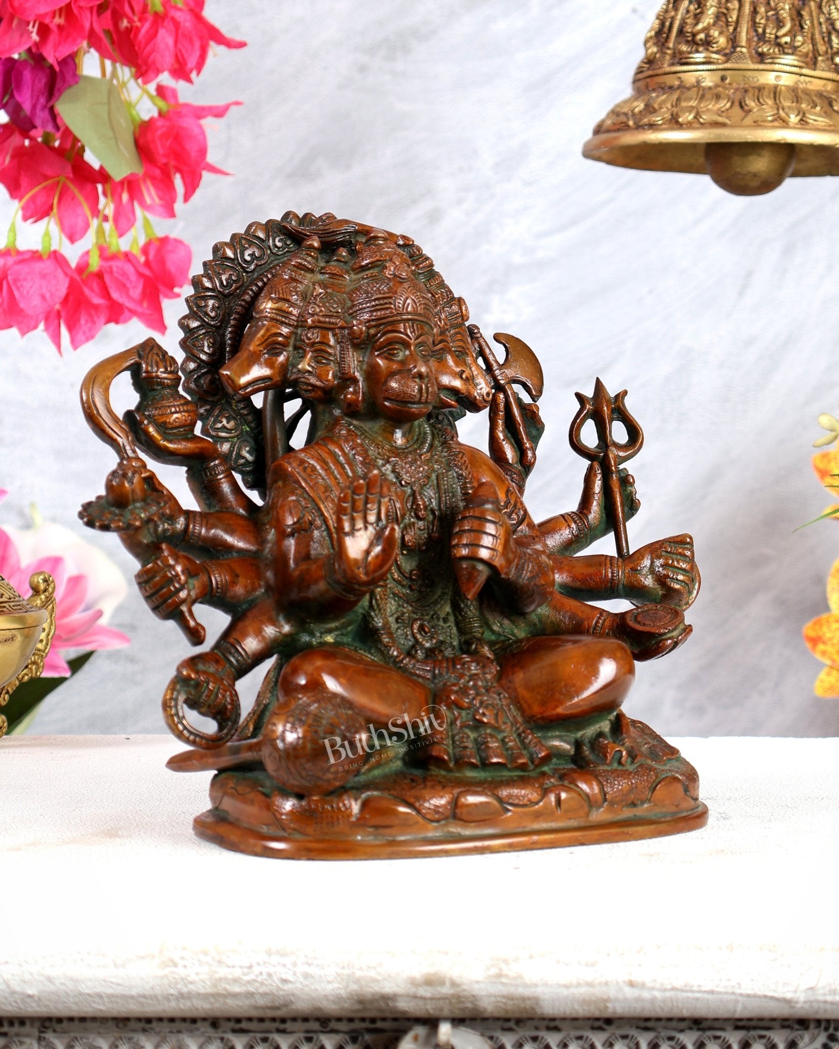 Pure Brass Superfine Panchmukhi Hanuman Statue - 8" Vintage Red - Budhshiv.com